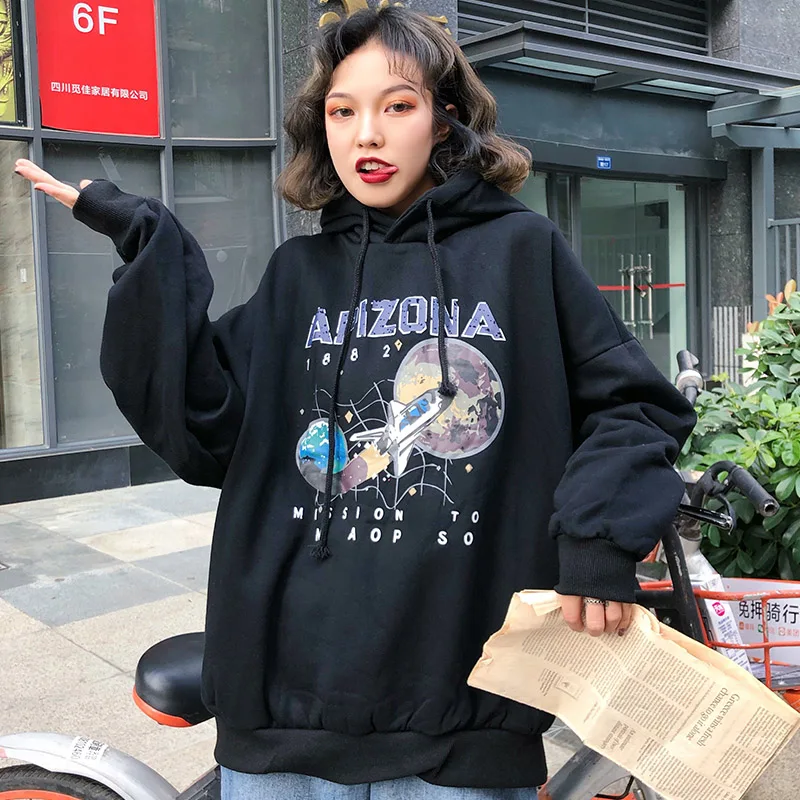 Модная осенне-зимняя женская черная свободная толстовка с буквенным принтом и