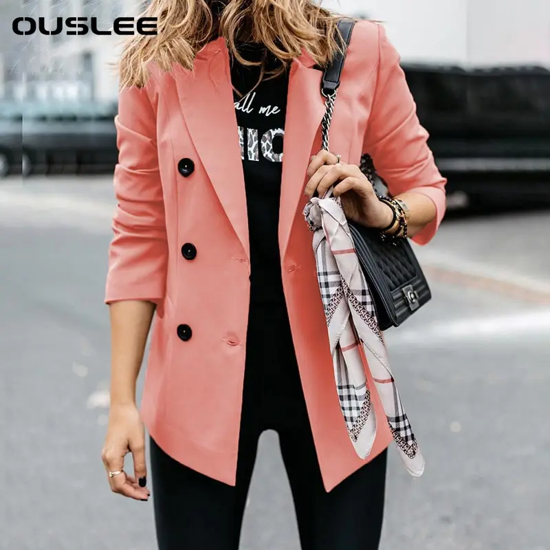 OUSLEE Women Blazer Casual Office Wear Autumn Solid Color Long Sleeved Double Breasted Button Suit Simple Temperament Jacket