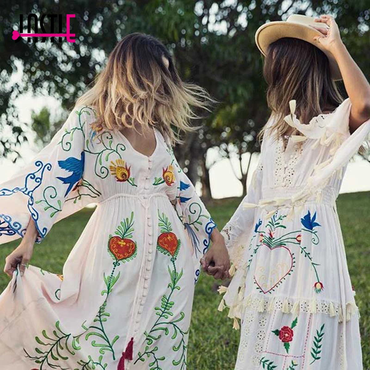 

Jastie Embroidered Women Maxi Dress V-Neck Batwing Sleeve Loose Plus Size Summer Dresses Drawstring Waist Boho Beach Vestidos