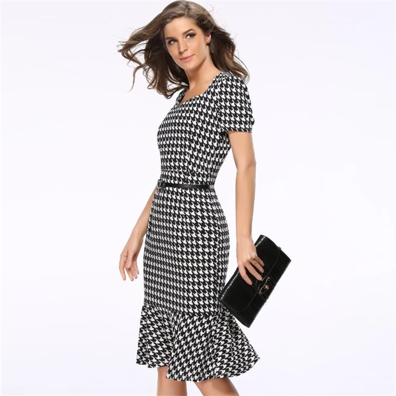 Женское элегантное платье для похудения летнее в ломаную клетку офисное женщин