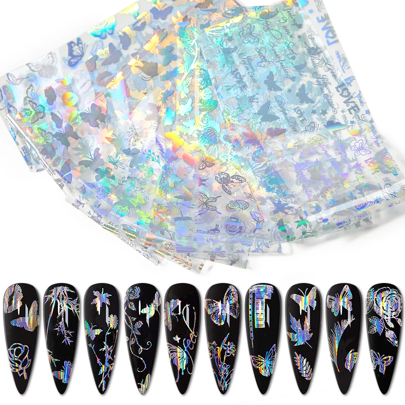 

10pcs Holographic Nail Foil Butterfly Animal Lepoard Nail Art Transfer Stickers Decals Wraps Nail Art Decorations Tool