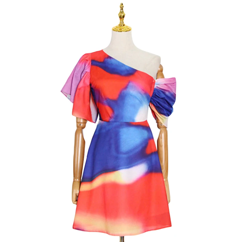 

SISPELL Off Shoulder Women's Dress For Female Asymmetric Short Sleeeve High Waist Slimming Hit Color Vintage Dress For Female