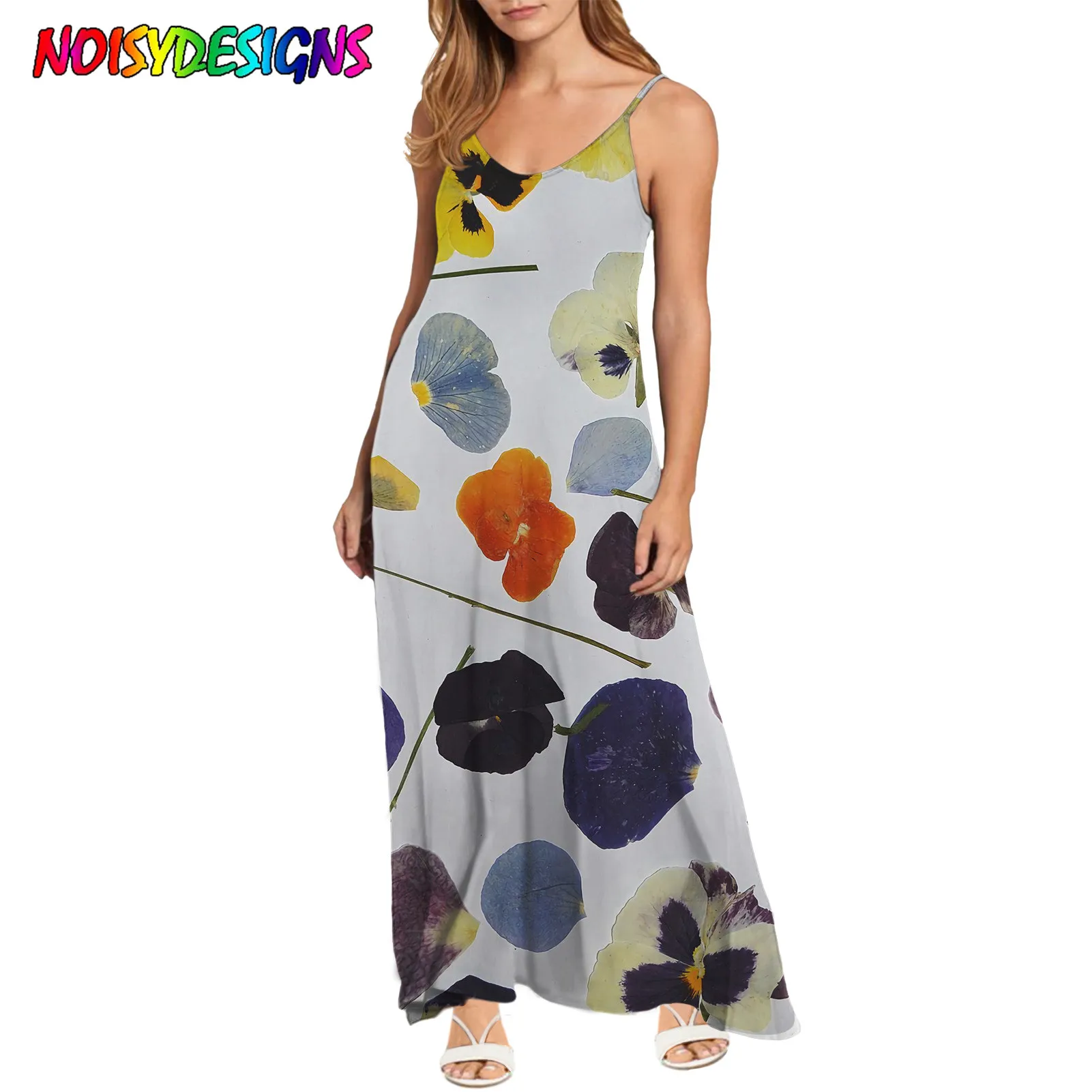 NOISYDESIGNS Summer Fashion Versatile Women's New Sling Sleeveless Color Pansy Flowers Printed Dresses for Women Dropshipping