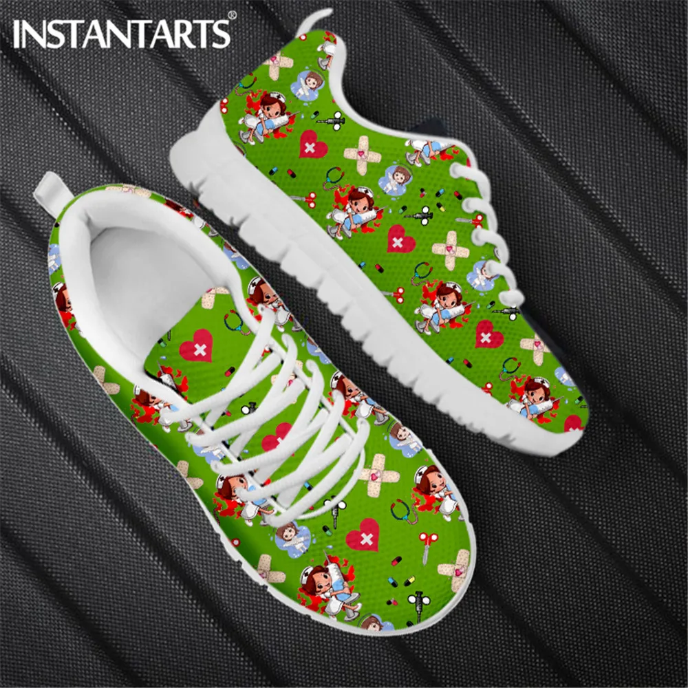 

INSTANTARTS Cute Cartoon Nurse Doctor Print Women Casual Lace Up Sneakers Nursing Comfortable Mesh Flats Shoes for Teen Girls