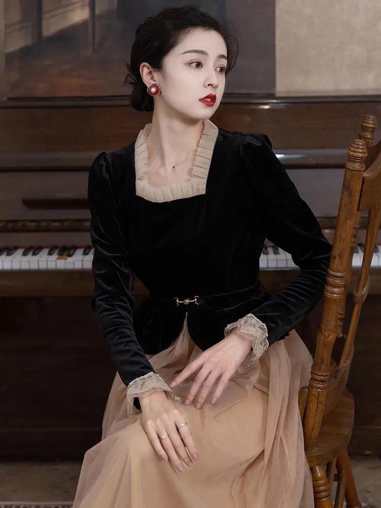 

Ladies Autumn Retro Square Neck Velvet Stitching Mesh Dress For Women 2021 Hepburn Style Elegant Dress Black Fashion Vestidos