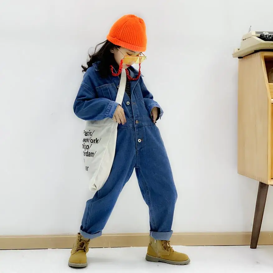 Детские джинсовые комбинезоны для девочек весна осень 2019 свободные хлопковые с