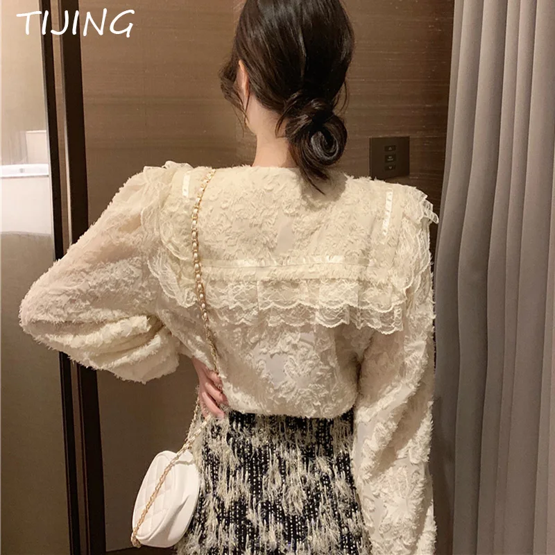 Осенняя модная женская блузка с длинным рукавом белые кружевные топы летние