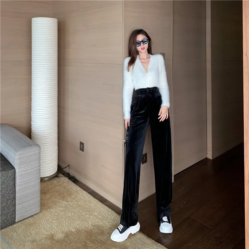 

New Autumn and Winter New High Waist Drooping All-Match Wide Leg Pants Loose Slimming Straight Pants Velvet Mop Casual Pants for
