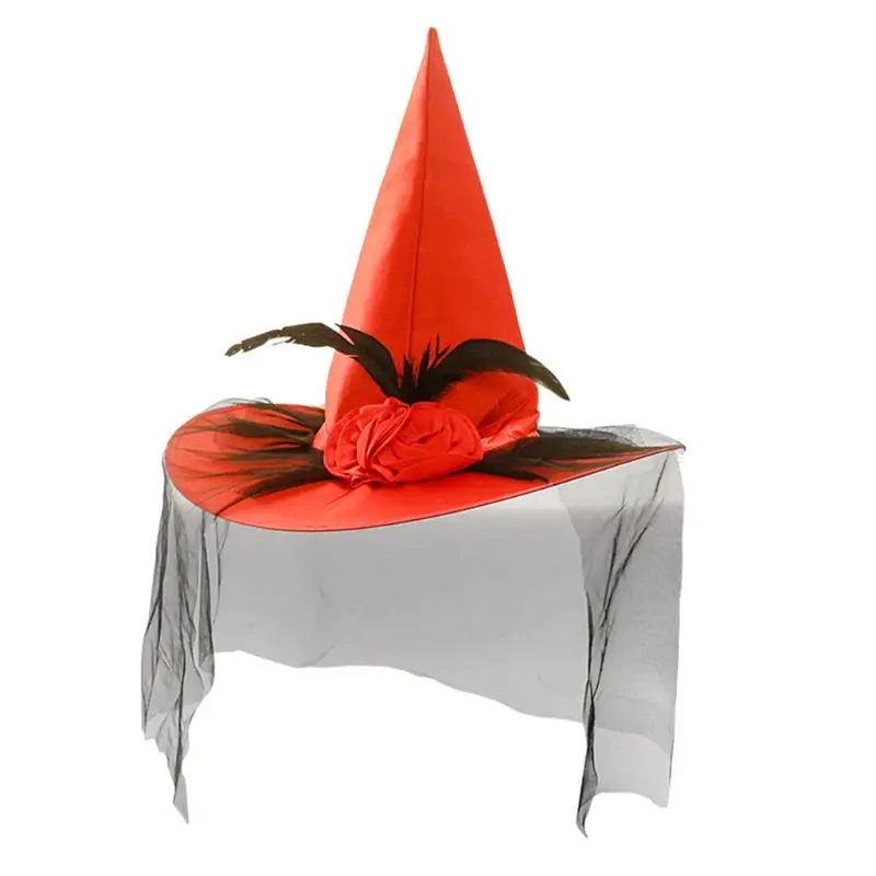

1PC Women Girls Halloween Witch Hat with Artificial Rose Flower Feather Mesh Veil Cap Stage Show Cosplay Costume Party Decor