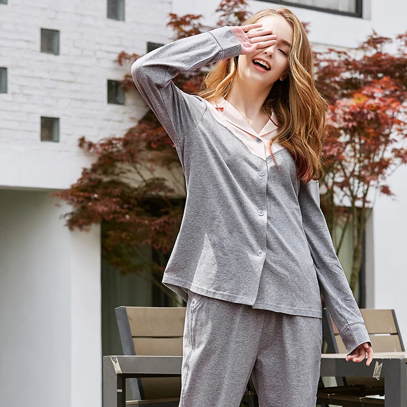 

Spring and autumn ladies pajamas knitted cotton suit, lapel cardigan home service plus fat plus size