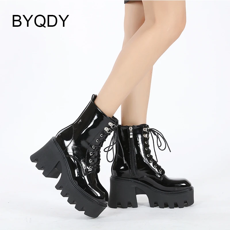 

BYQDY Retro Martens Lace Up Autumn Modern Boots Womens Chunky Wedge Platform Boots Black Patent Leather Punk Goth Rubber Sole
