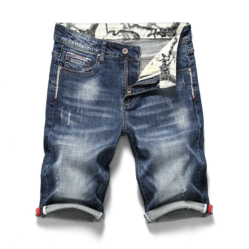 

2021 summer personality classic brand ripped denim shorts high-quality cotton stretch young men's fashion straight jeans