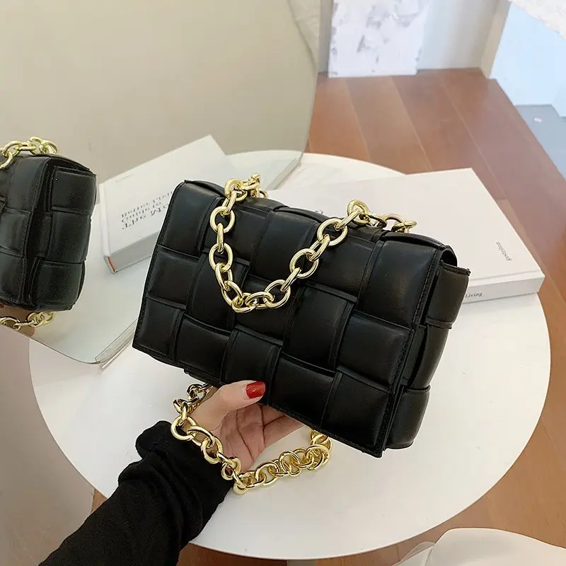 

Knitting Black Color Small PU Leather Flap Bags For Women 2020 Simple Chain Shoulder Handbags Female Travel Ladies Crossbody Bag