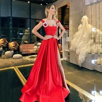 uzn chic a line red satin prom dress 2022 sexy high slit beading evening dress plus size long homecoming dress