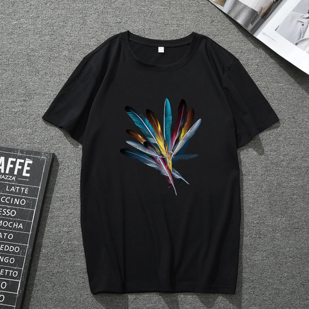 

T-shirt Men and Women Personality Creative Feather Printing Black Short-sleeved Shirt Harajuku Commuter Men's and Women's Shirt