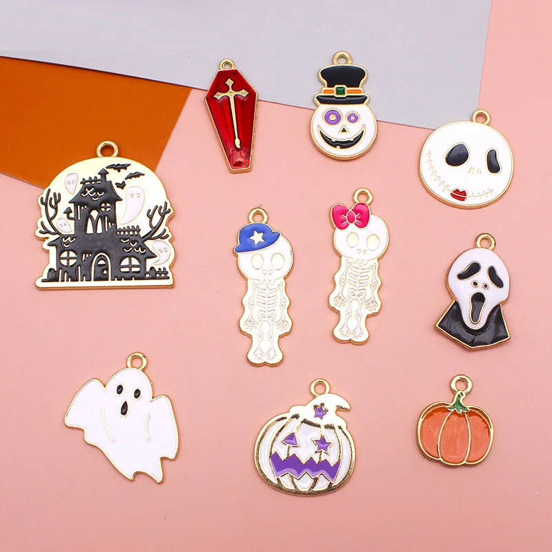 

10 шт./лот эмалевые Подвески на Хэллоуин, скелет, призрак, ужас, тыква, подвеска «сделай сам», ожерелье, серьги, брелок, изготовление ювелирных ...