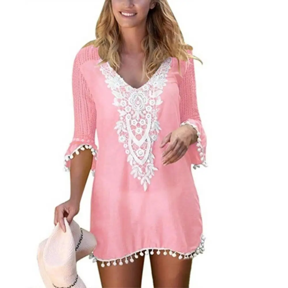 

Plus Size Summer Women Beach Wear Lace Crochet Pompom Trim Bikini Cover Up Dress