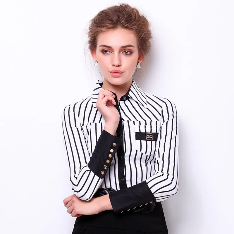 2017 Women Stripes Cotton Office Wear Body Blouse Shirt Ladies Slim Long Sleeve Red Balck One Piece | Женская одежда