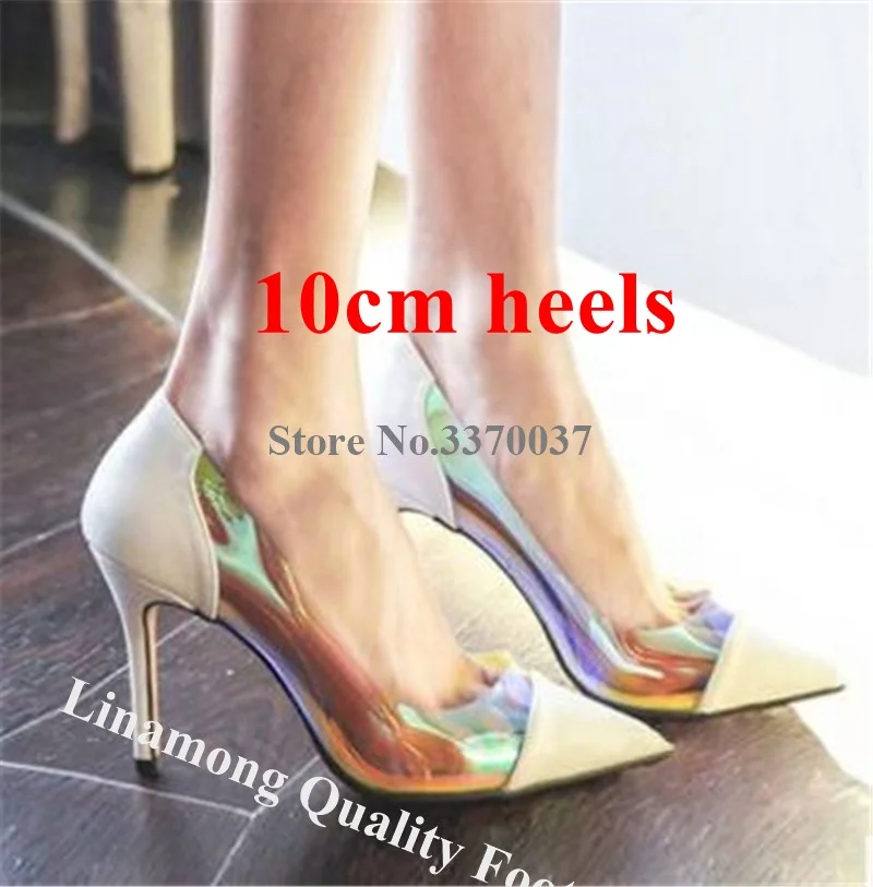 10cm heel Женские туфли-лодочки из лакированной кожи с острым носком неонового и розового цвета; туфли-лодочки на шпильке; светоотражающие Прозрачные Высокие каблуки из ПВХ; свадебные модельные туфли - Цвет: 10cm heel