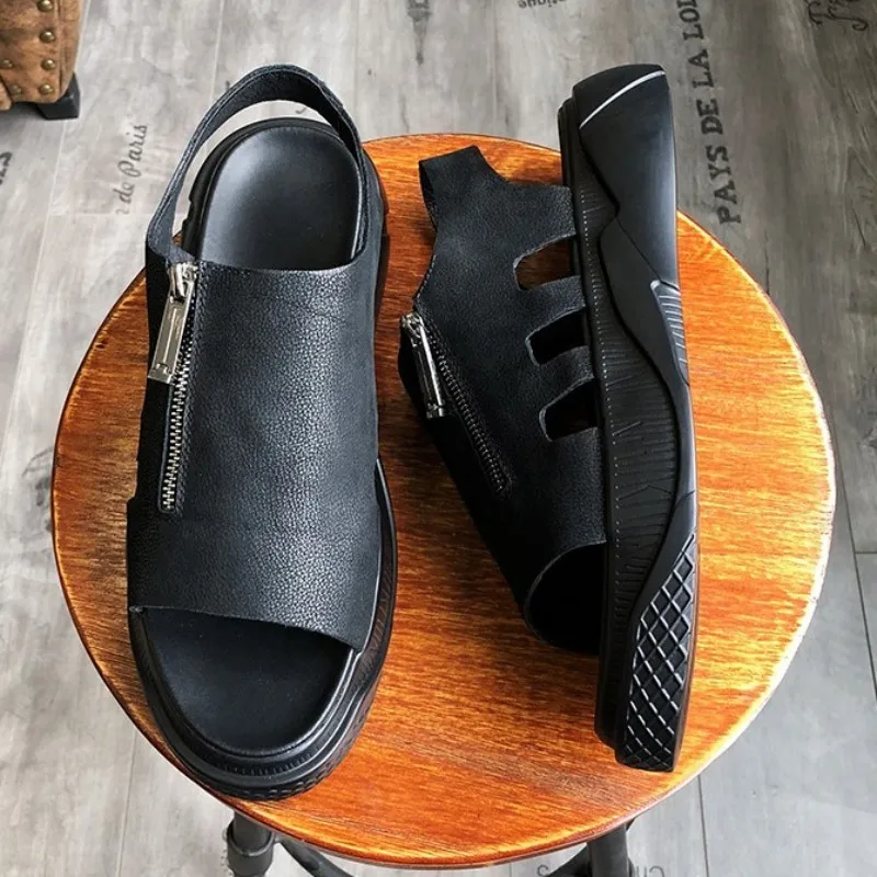 Сандалии мужские из натуральной кожи на молнии пляжные босоножки толстой