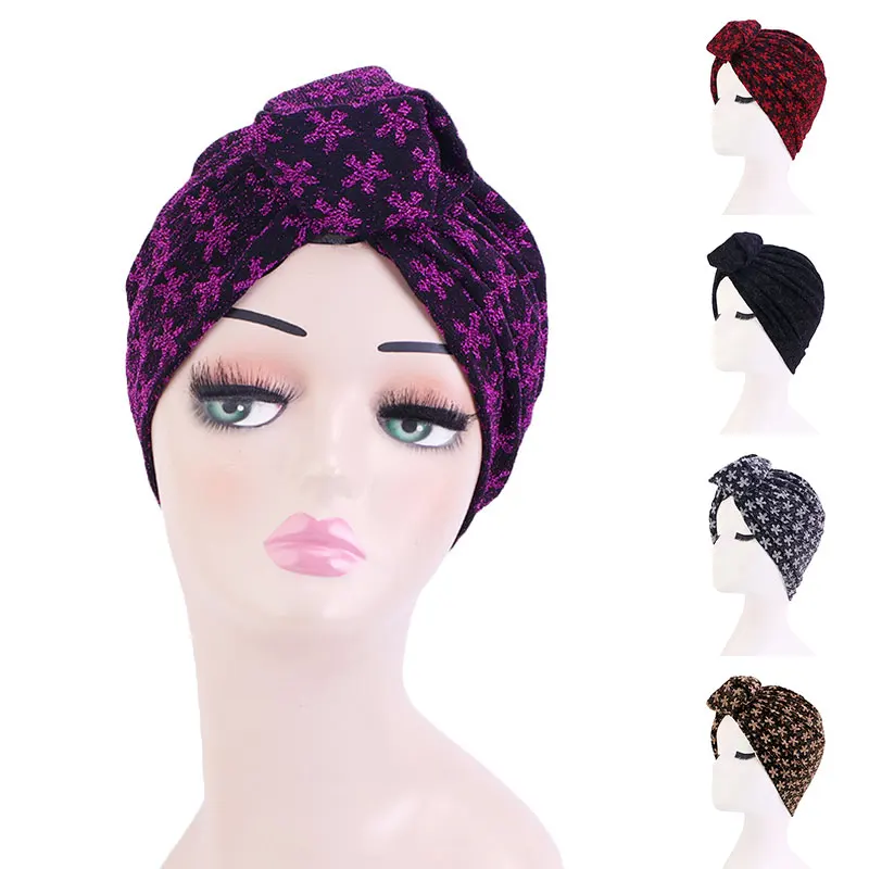 

Shine Silver Gold Muslim Women Hijabs Cap Women's Fashion Bright Turban Hat Beautiful Top Knot Hat Twist Headwrap Indian Hat