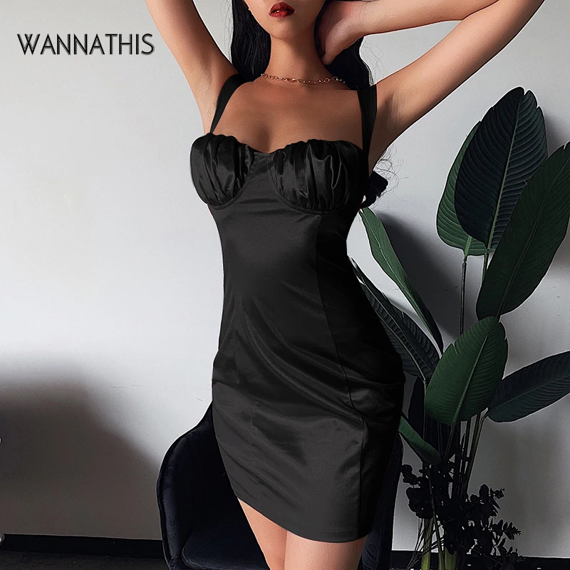 Женское атласное платье мини WannaThis черное облегающее шелковое на тонких