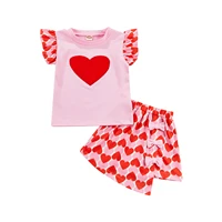 valentines day toddler kids baby girls two piece outfits heart printed flying sleeve o neck t shirts bowknot decoration skirts