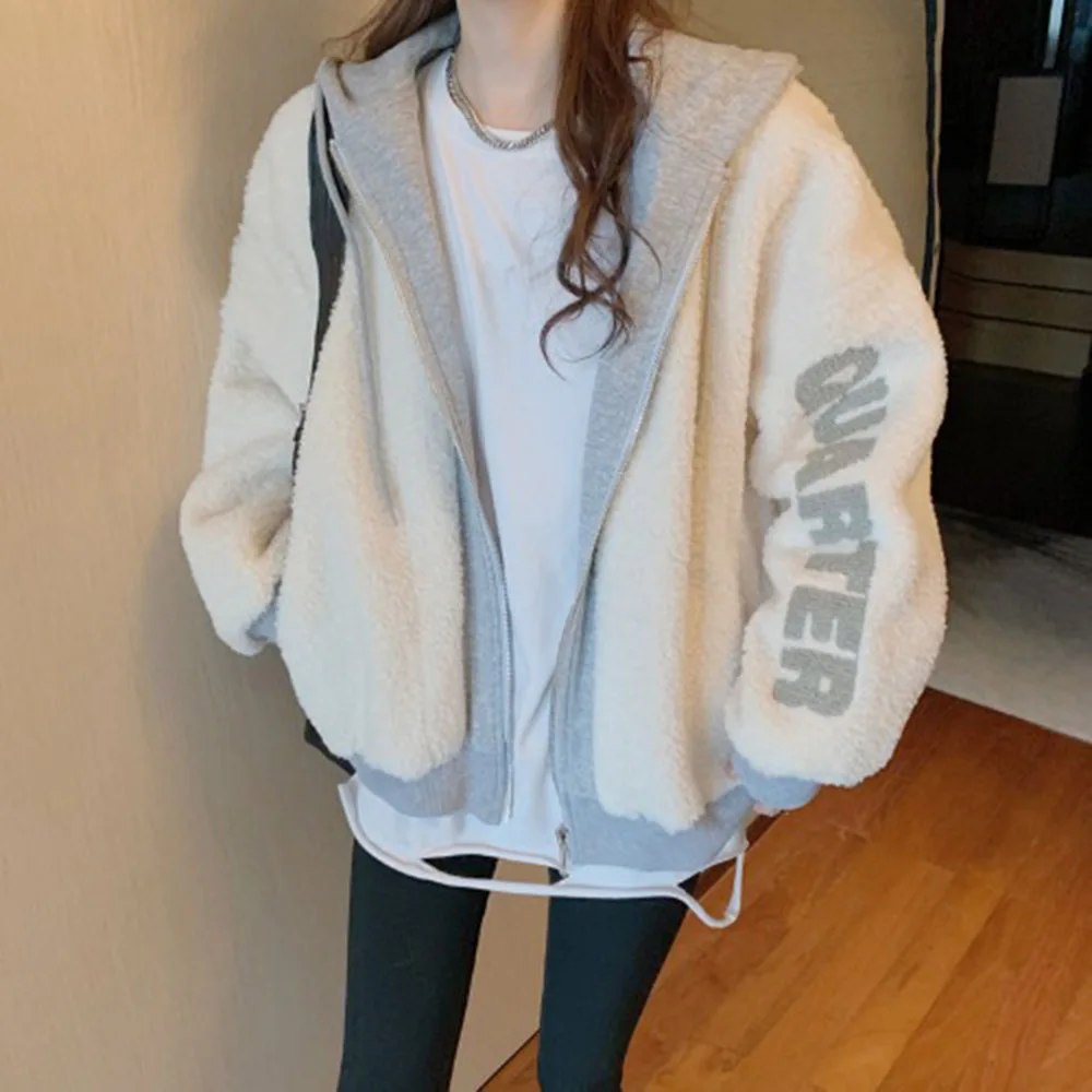 

New Women Winter Coats Korean Fashion Loose Style Thickened Lamb Wool Hooded Jacket Warm Fake Two Piece Suit Girls Outerwear