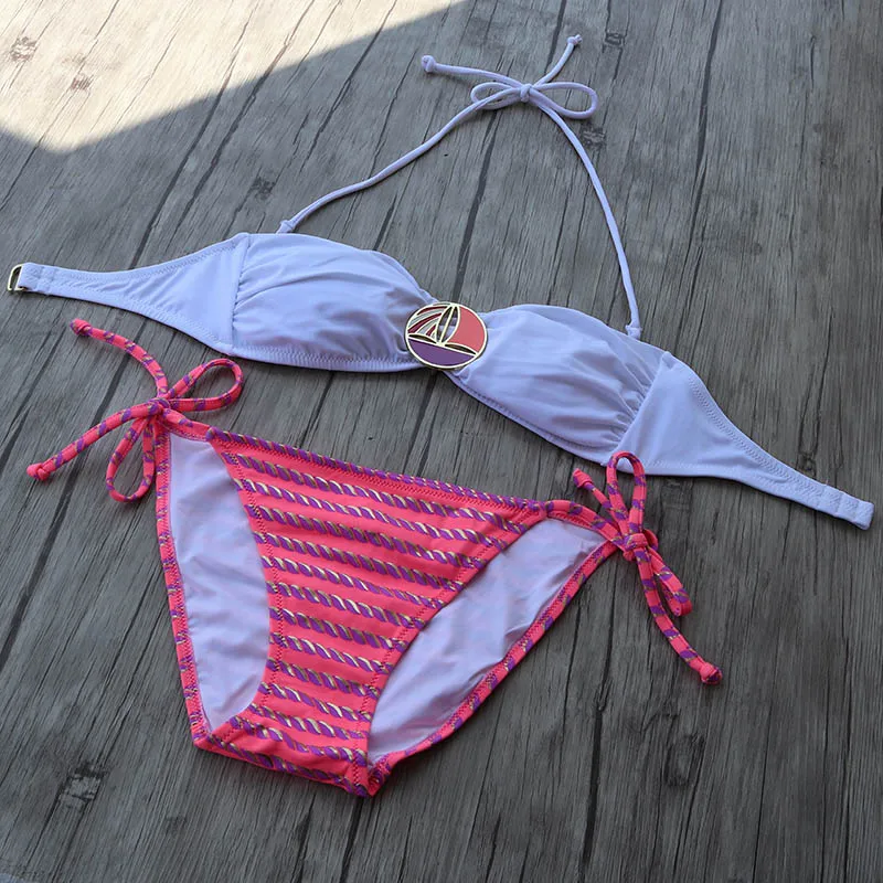 Комплект бикини белый женский купальник с принтом в розовую полоску купальные