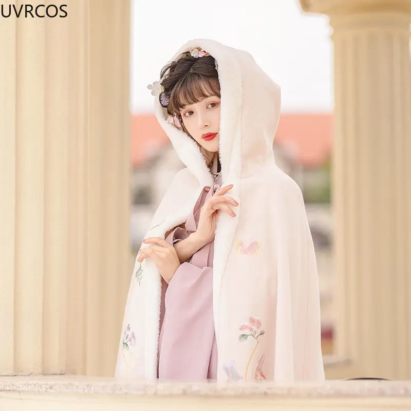 

Autumn Winter Oriental Ancient Hanfu Cloak Women Vintage Warm Sweet Embroidery Hooded Cape Coat Chic Cosplay Princess Overcoat