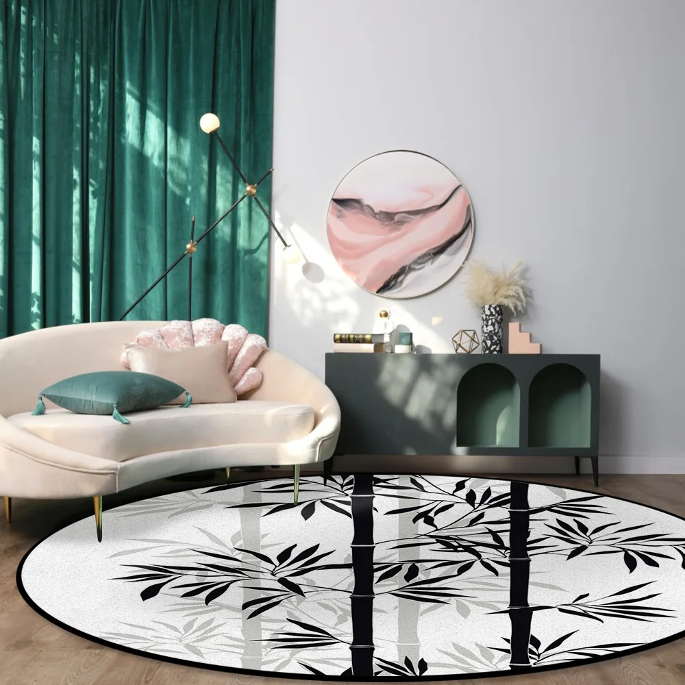 Черный белый бамбуковый круглый коврик в китайском стиле с чернилами листьями