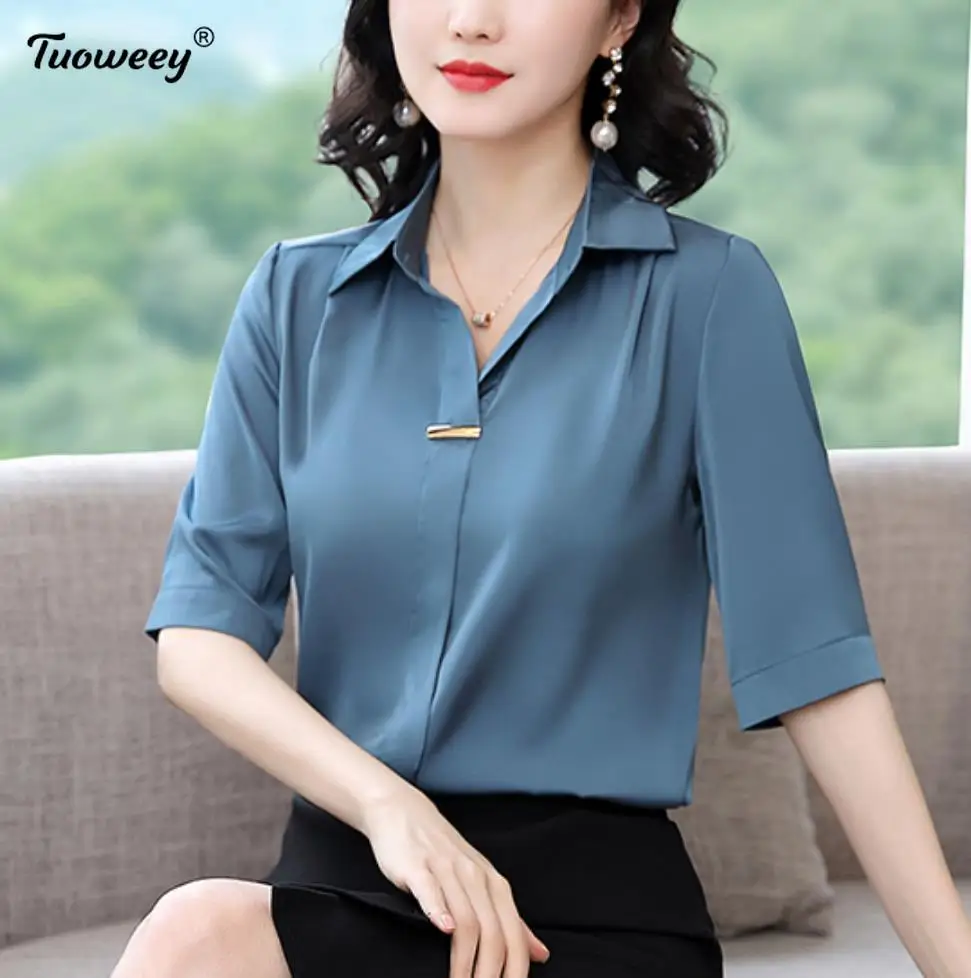 

Женские однотонные рубашки и блузки 2022, женская блузка, топ с коротким рукавом, повседневные пуговицы, отложной воротник, OL стиль, Женская ту...