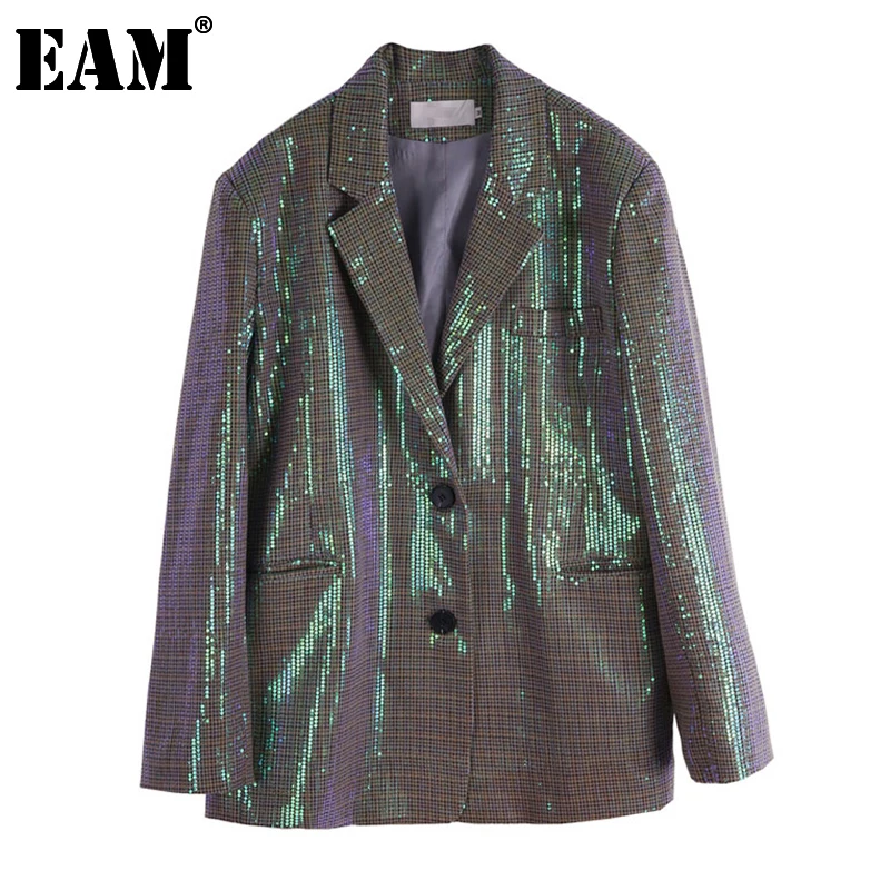 

[EAM] Женский Блестящий блейзер с разрезом и блестками, новая свободная куртка с лацканами и длинным рукавом, модная весенне-осенняя 2021 1DA488