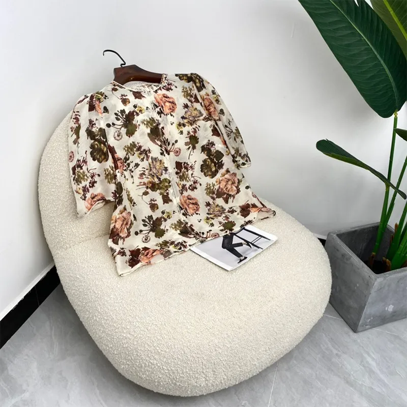 

Блузка женская с коротким рукавом-фонариком, шелковая хлопковая элегантная дизайнерская рубашка с цветочным принтом, лето