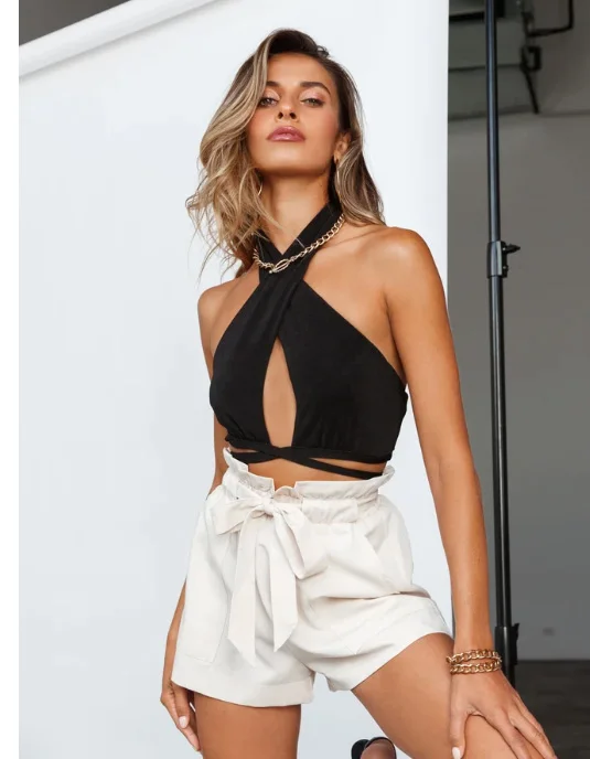

Cryptographic Green Sexy Bandage Halter Crop Tops for Women Sleeveless Backless Club Party Chic Wrap Cropped Top Slim Streetwear