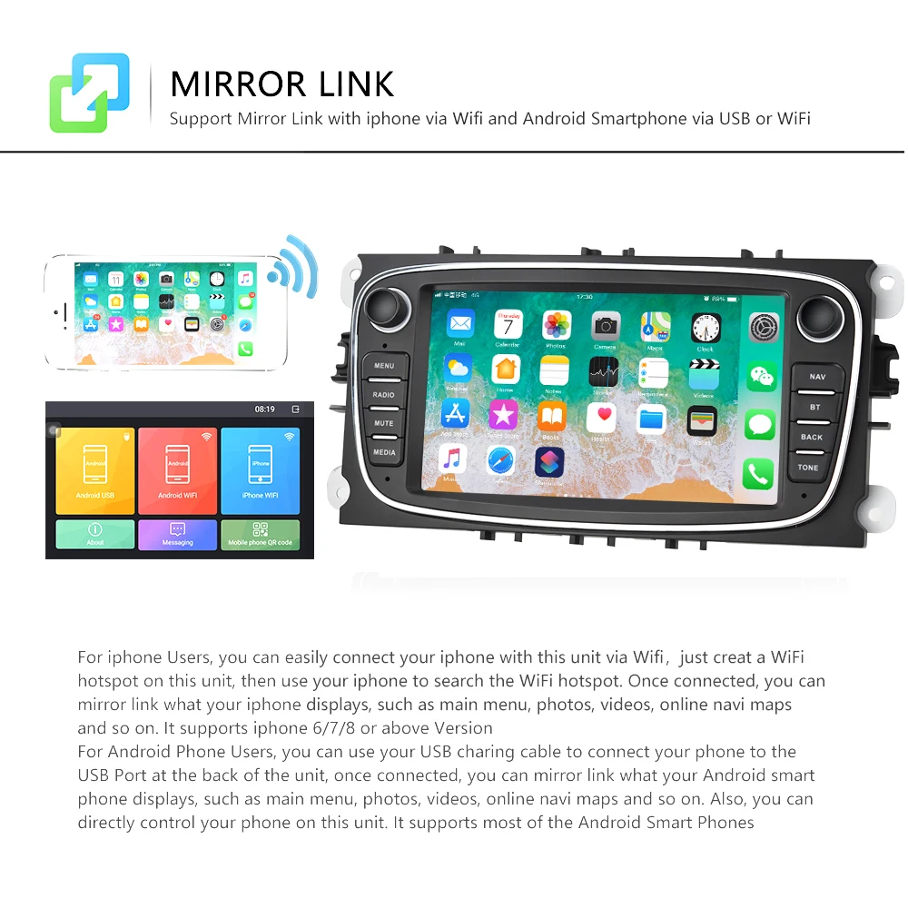 Camecho Автомобильный мультимедийный сенсорный экран mirrorlink проигрыватель Android 7