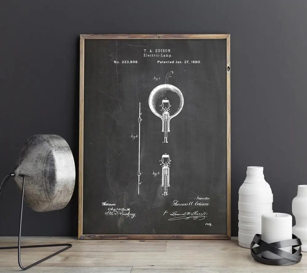 Печать на патентной бумаге изображения винтовой лампы Томаса Эдисона - исторический постер изобретения электрической лампы, освещающий лампу.