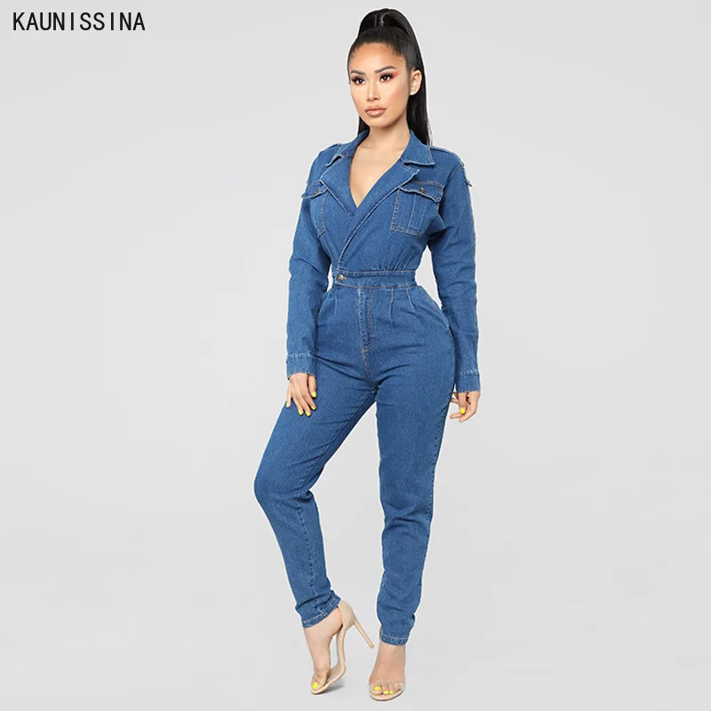 

Women Long Jeans Denim Jumpsuit Deep V Sexy Washed Denim Jumpsuit Turn-Down Jeans Rompers Sexy Streetwear Outfit Overalls