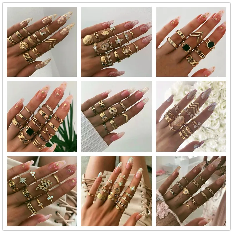 

Fashion Vintage Golden Rings Set Women Crystal Star Flower Snake Ring for Women Charm Knuckle Rings Female Boho Jewelry anillo