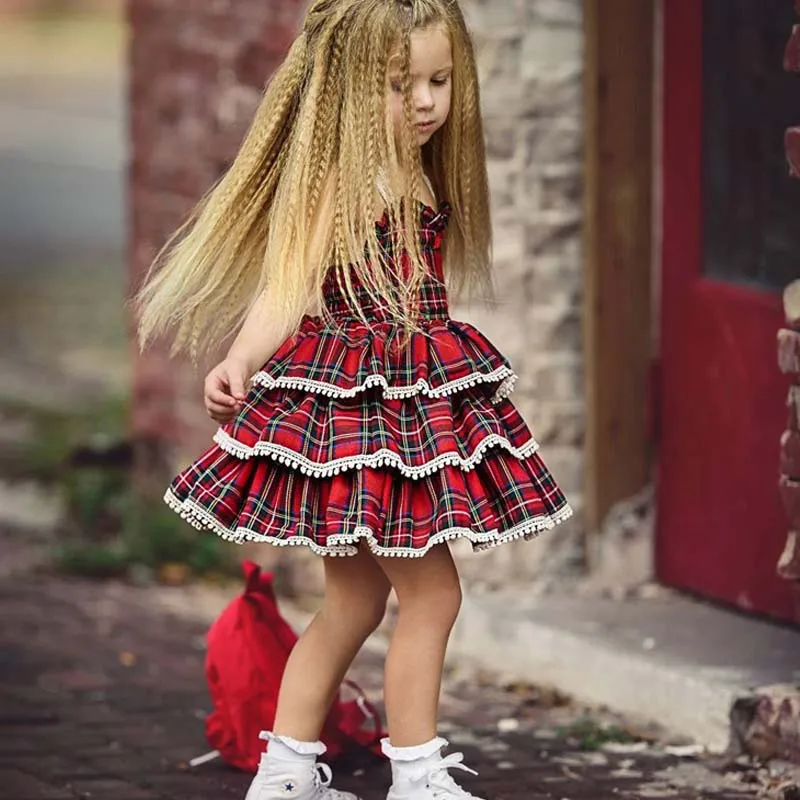 

Baby Plaid Puffy Cake Dress Girls Suspender Dress Europe America Children's Skirt Sleeveless Spring Autumn 3-24M Kids Skirts Smk