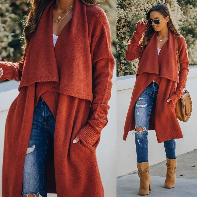 

Lugentolo, длинный кардиган, свитер, женская уличная одежда, модная свободная вязаная куртка с длинными рукавами и V-образным вырезом