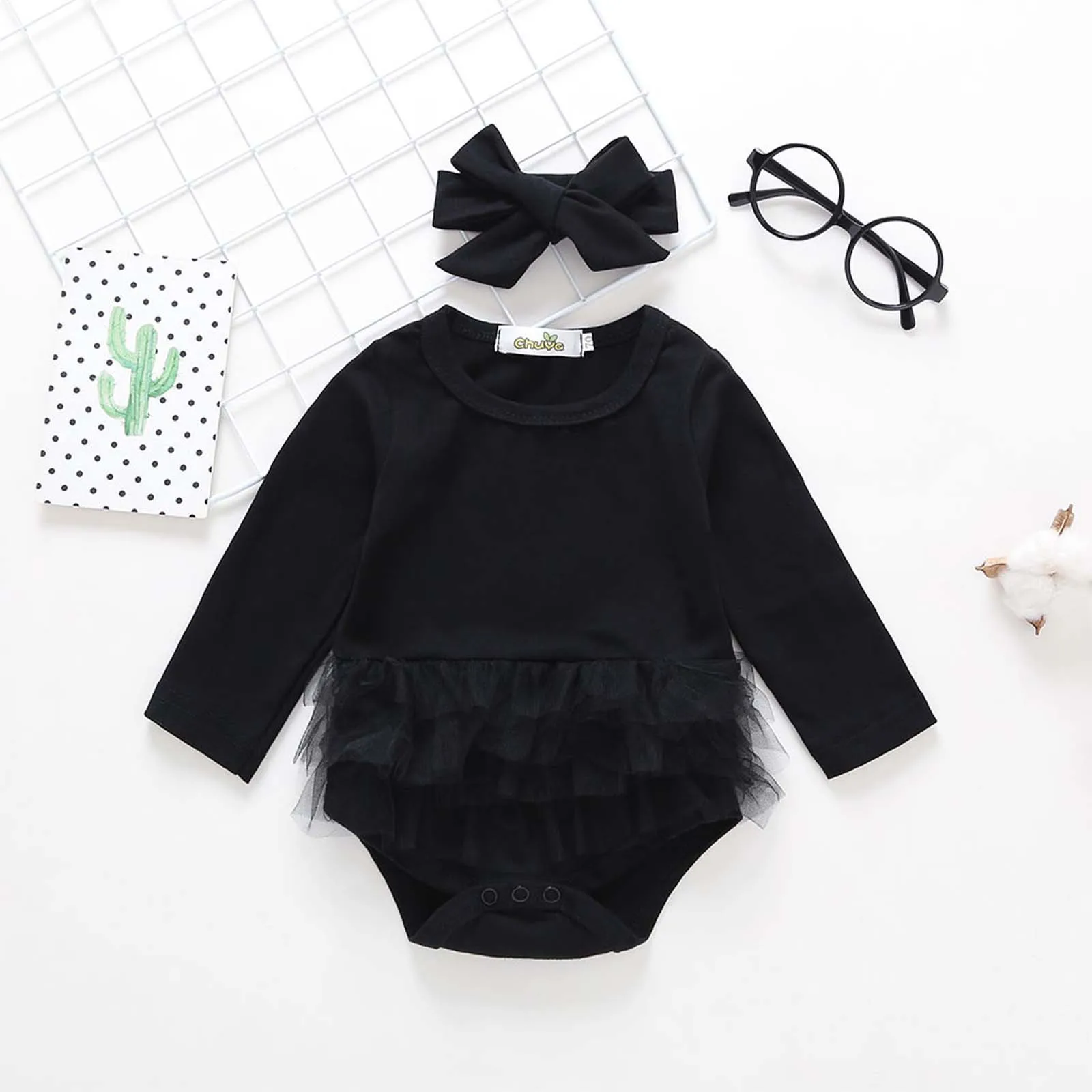 

6-24M Newborn Toddler Kids Baby Girl Tulle Tutu Romper Long Sleeve Bodysuit Clothes Headband Outfits Set ropa verano bebes L*