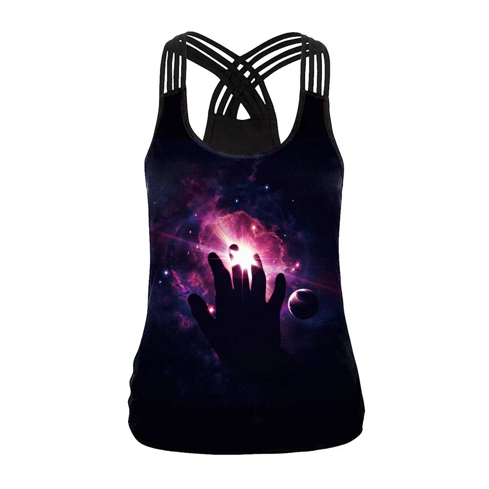 

Summer Women Sport Vest Galaxy Print Sleeveless Shirts Elastic Slim Yoga Shirt Cross Straps Tank Tops Running Undershirt Female