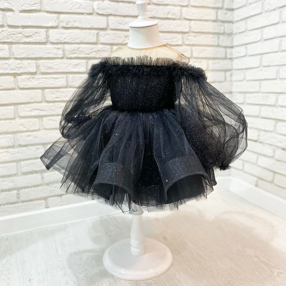 Black Glitter Tulle Knee Length Girl Party Dress Puffy Tulle Christmas Party Dress Long Sleeve Girl Pageant Dresses