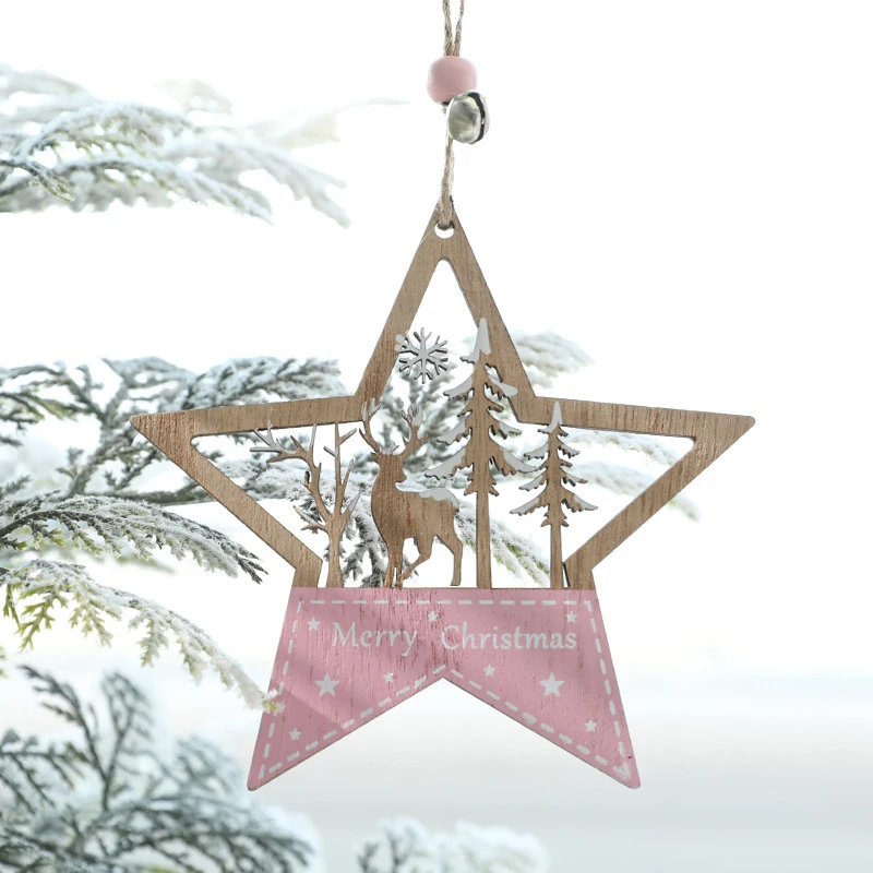 2021 New Year 1Pc Pink Christmas Ornament Wooden Hanging Pendants Star Xmas Tree Love Santa Claus Decorations | Дом и сад