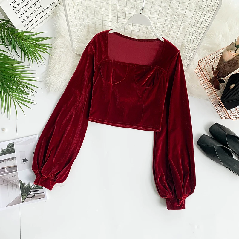 Новый укороченный топ Женская бархатная футболка с квадратным воротником и