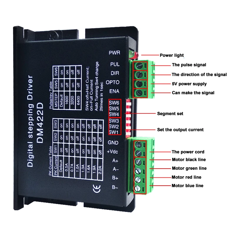 

DM422D 2 Phase Digital Stepper Motor Driver For Nema17/Nema23 Stepper Motor Current Range 0.5-2.2A Voltage 20-40VDC