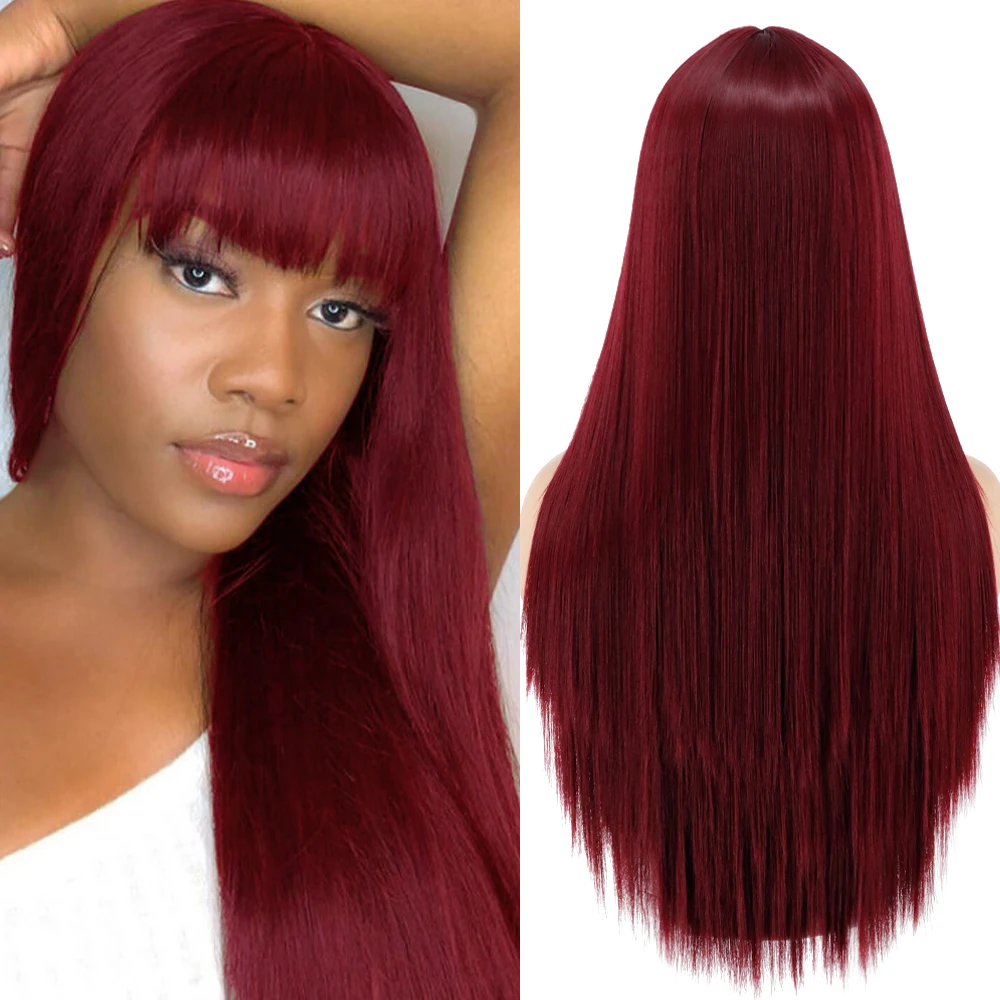 

LISI HAIR Long Straight Wine Red Wig With Bangs Synthetic Wigs Cosplay Wig for Women African American Lolita Daily Part Hairs