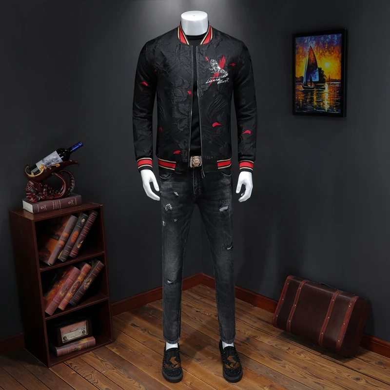 Male qiu dong's personality and fashionable leisure embroidery printing jacket men suit male article number 19374 P185 | Мужская