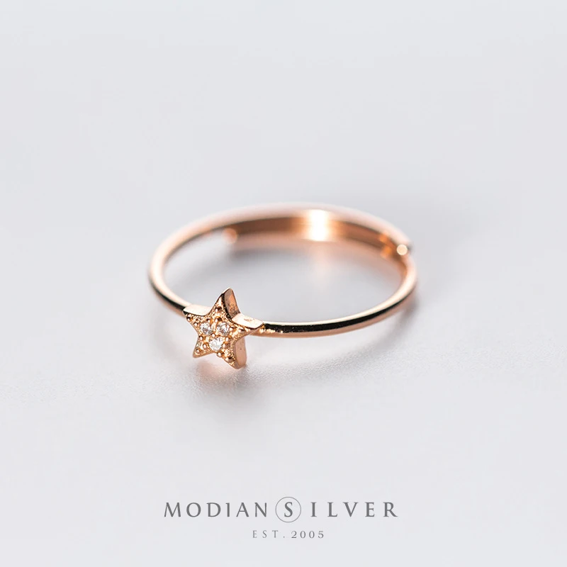 

Modian Rose Gold Color Twinkle Zircon Stars Ring for Women Real 925 Sterling Silver Simple Free Size Ring Fashion Jewelry Bijoux